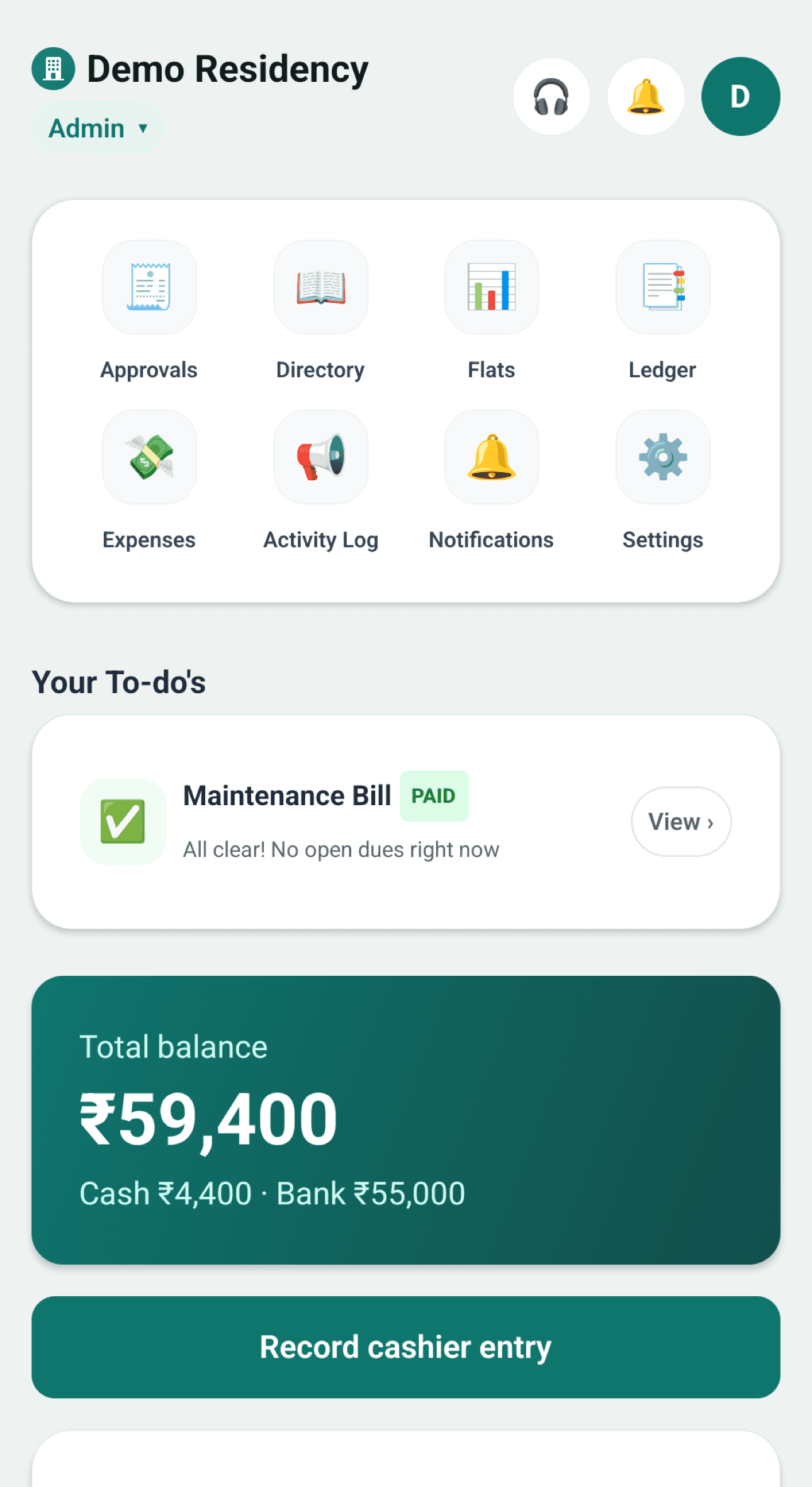 MyFlatApp admin home: shortcuts to approvals, flats, ledger and expenses, the admin's own dues, total balance ₹59,400 split into cash and bank, and a Record cashier entry button