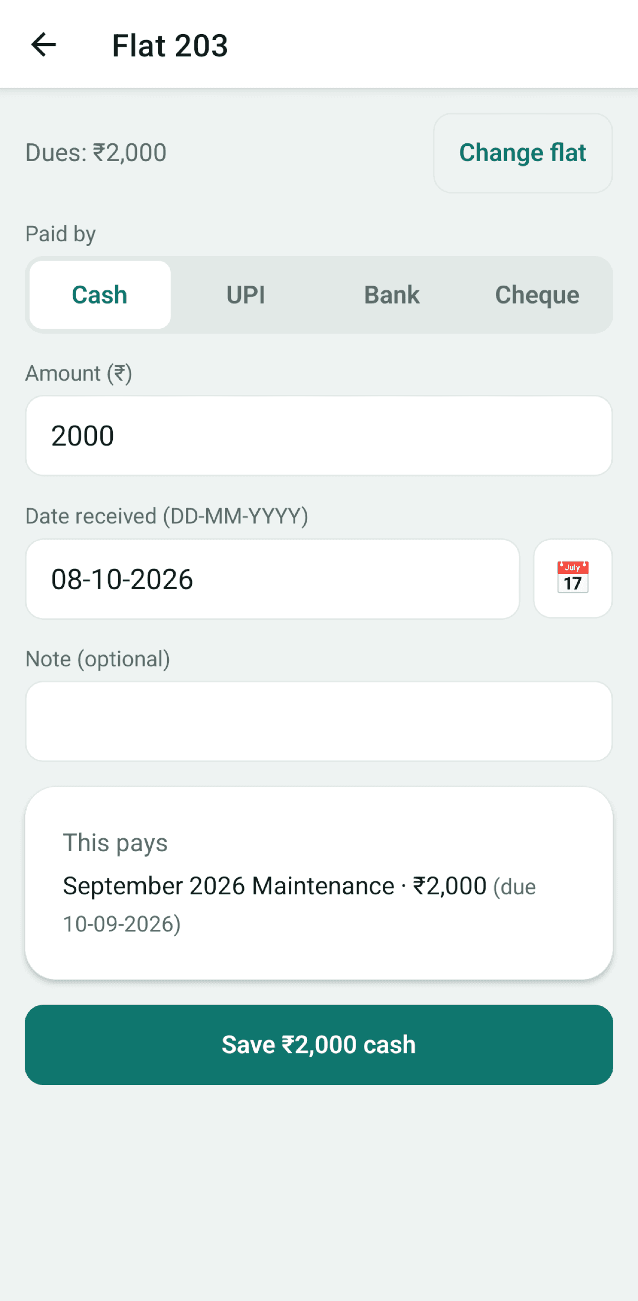 Record payment screen with cash selected for ₹2,000