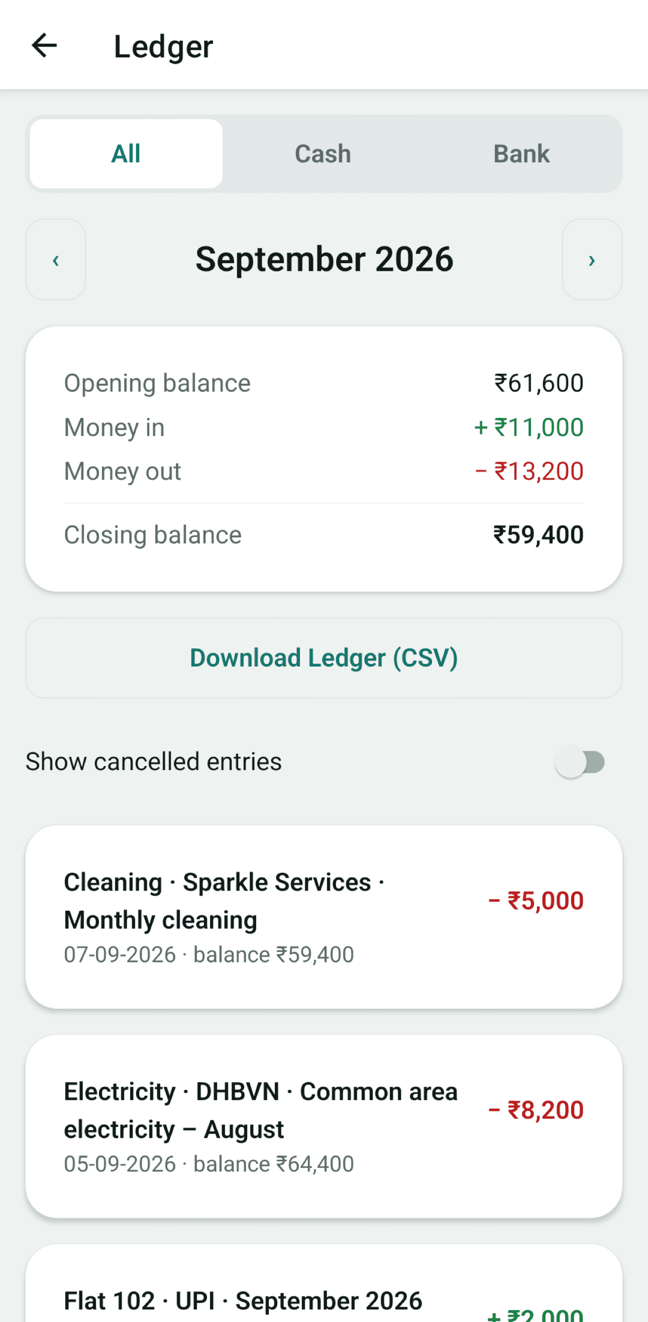 Ledger with credits, debits and running balance