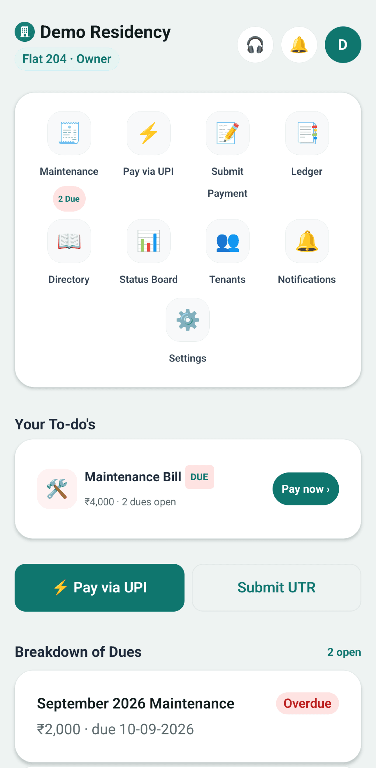 Owner home showing ₹4,000 owed with Pay via UPI and Submit UTR buttons