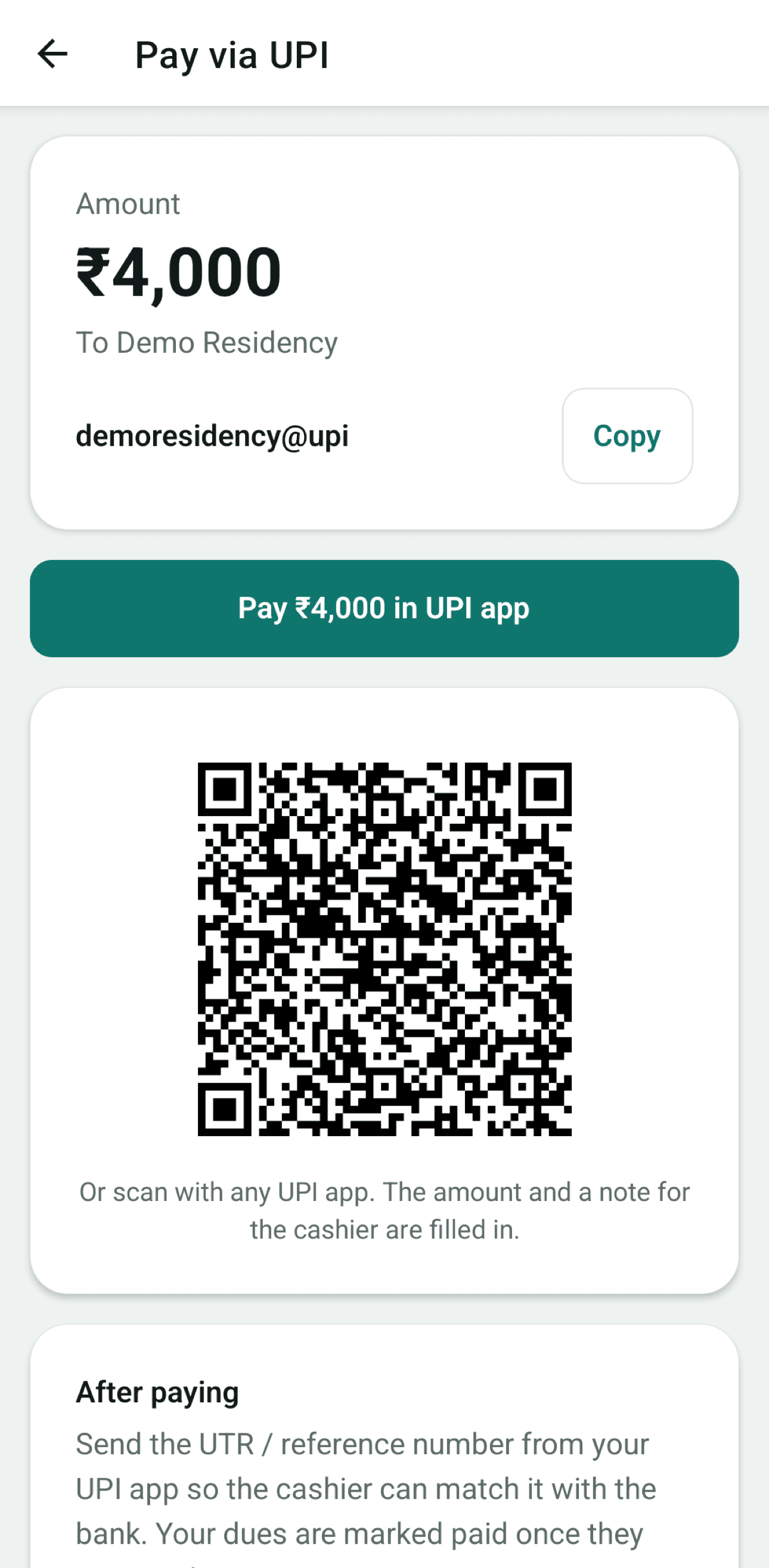Pay via UPI screen with amount, UPI ID and QR code